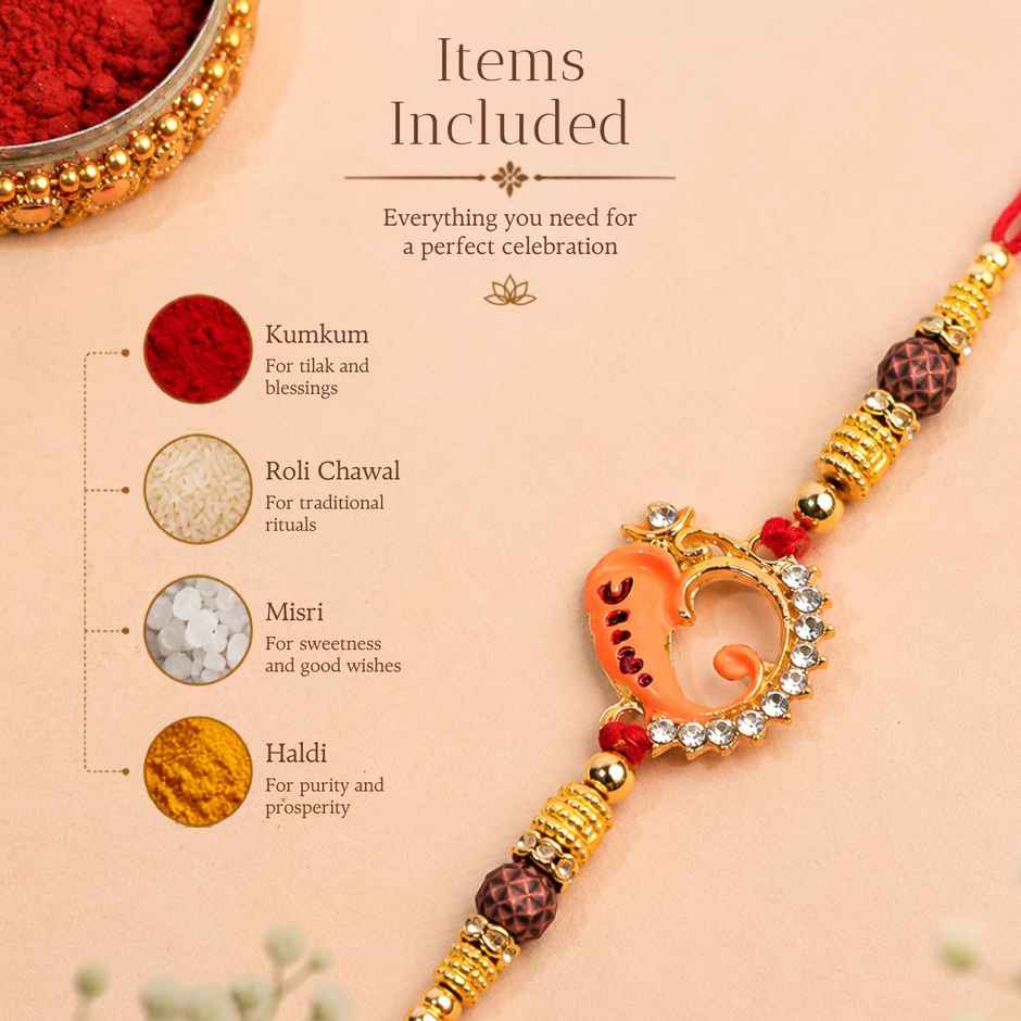 Rakhi for Brother | Ganesha Designer | Religious | Includes Roli Chawal | Pack of 1 | Tied Ribbons