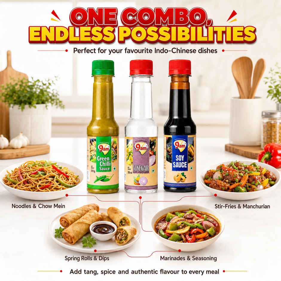 9am Soya Sauce + Green Chilli + Vinegar Combo, Cooking Essentials Pack