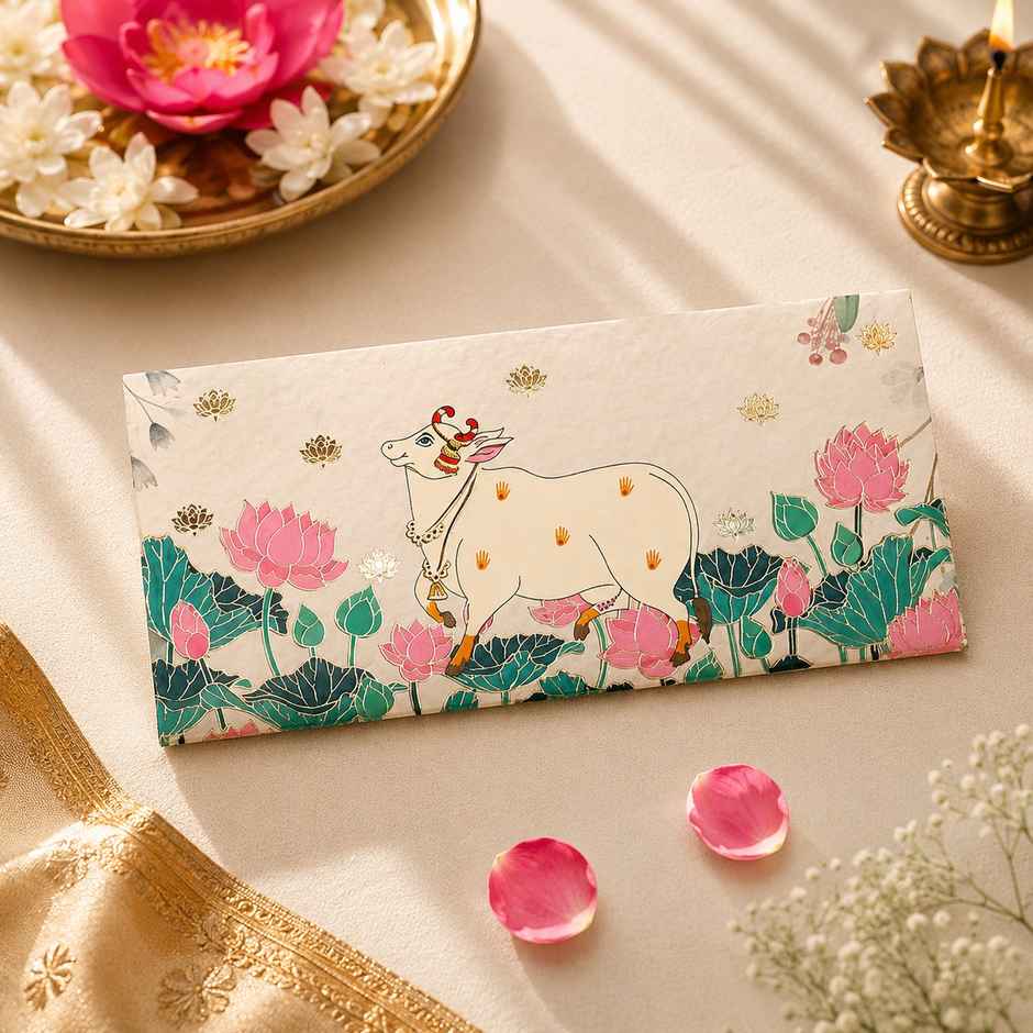 Archies Cow & Lotus Print Shagun Envelope with Foiling