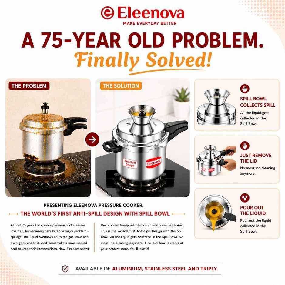 Eleenova Legacy Anti Spill Stainless steel Outer Lid Pressure Cooker with Spill Bowl | 5 L