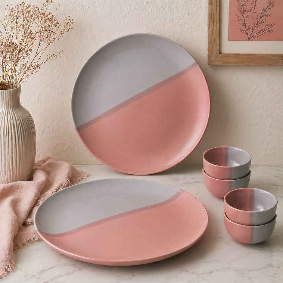 The Earth Store DT Grey Pink Dinner Set, 2 Full Plates 4 Vegetable Bowls