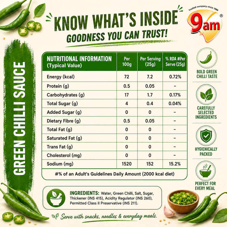 9am Green Chilli Sauce, Hot & Tangy Chilli Dip