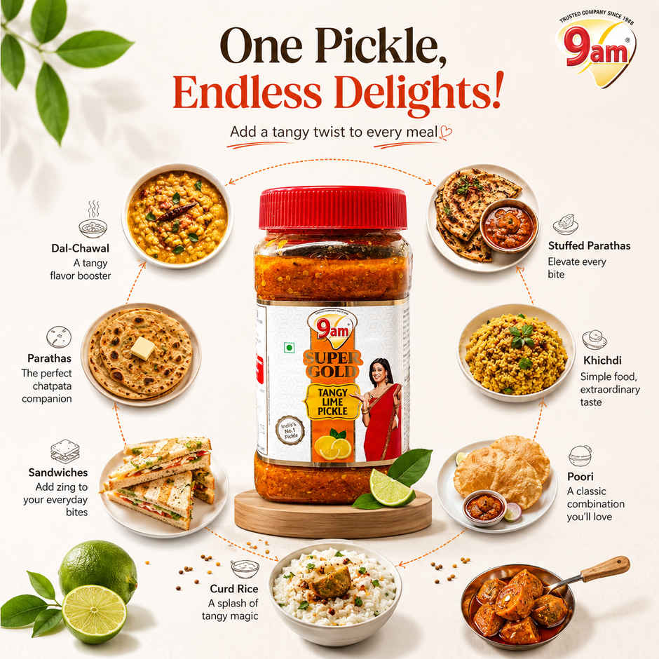 9am Super Gold Lime Pickle, Tangy Nibmu, Perfect for Meals With Pratha