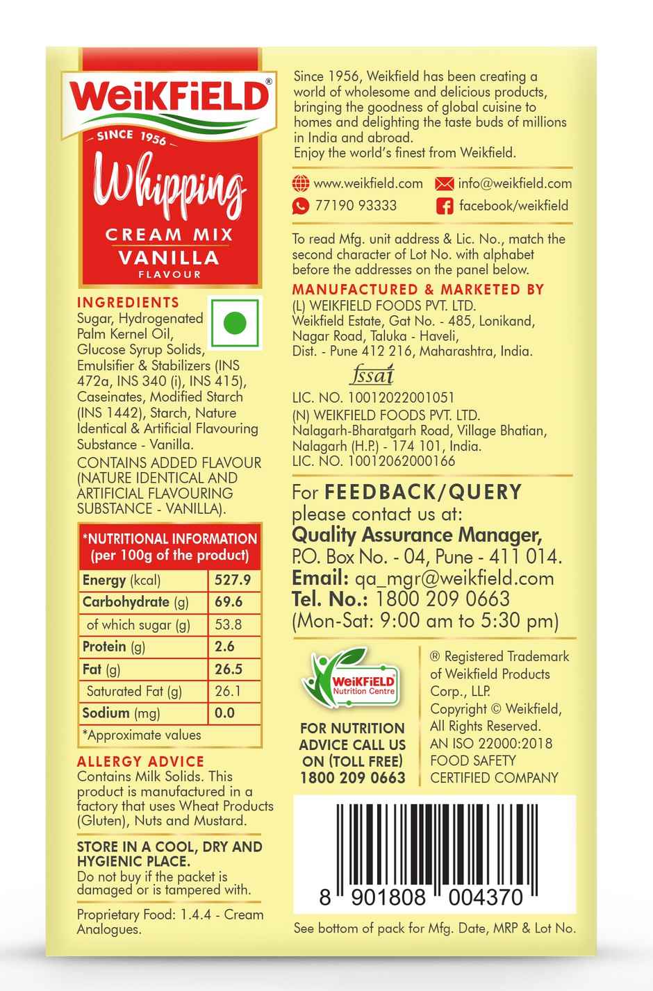 Weikfield Whipping Cream Mix Vanilla Flavour Carton