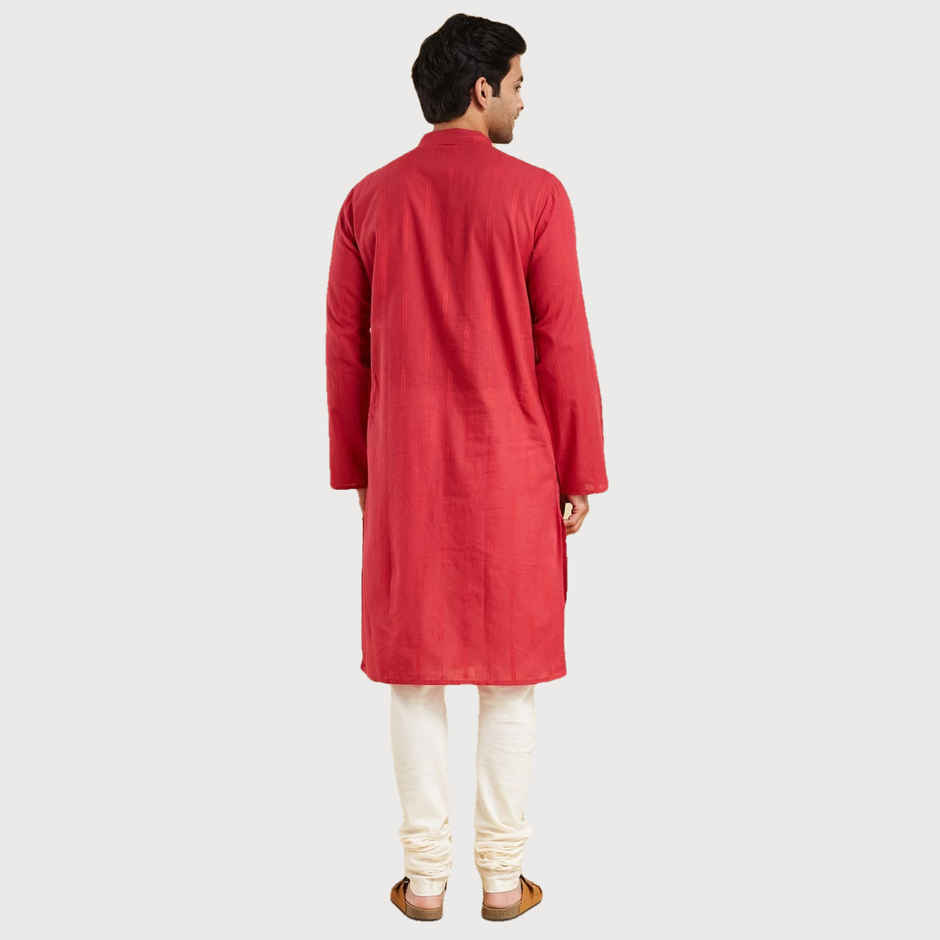 Fabindia Men's Long Kurta Slim Fit Dobby | Red - L