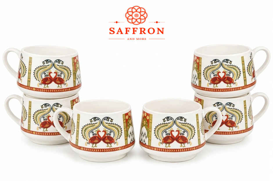 Saffron Peacock Royale Printed Ceramic Tea Cup