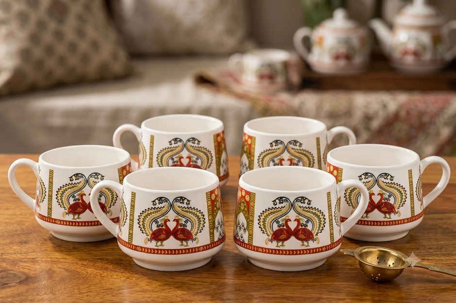 Saffron Peacock Royale Printed Ceramic Tea Cup