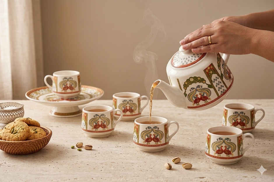 Saffron Peacock Royale Printed Ceramic Tea Kettle Milk Pot & Cup Set