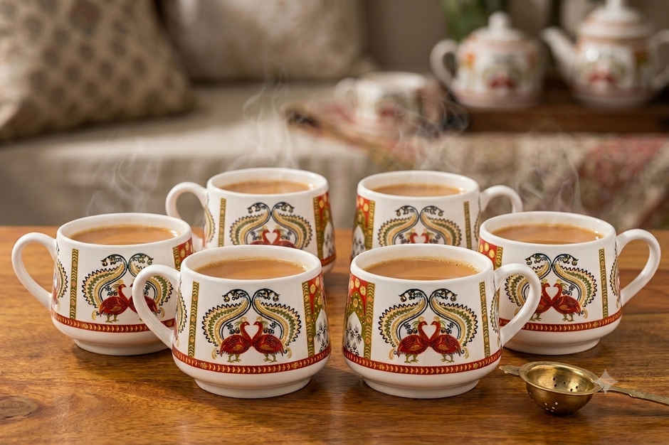 Saffron Peacock Royale Printed Ceramic Tea Cup