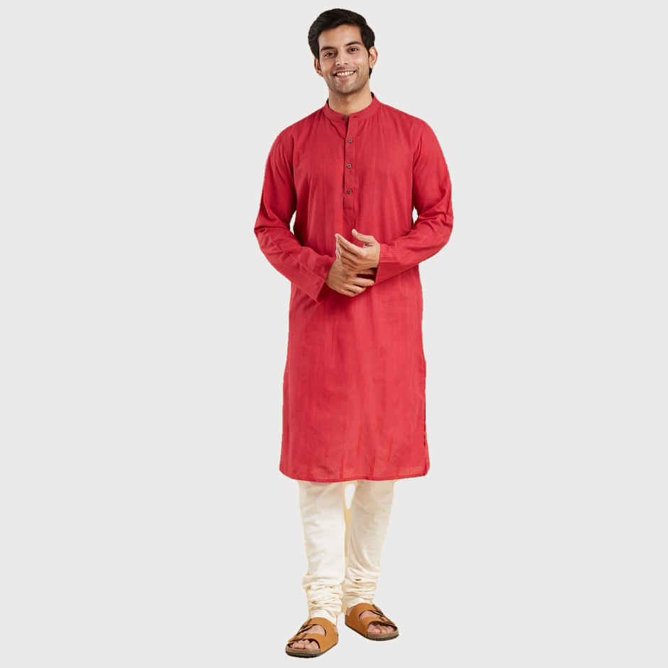 Fabindia Men's Long Kurta Slim Fit Dobby | Red - L