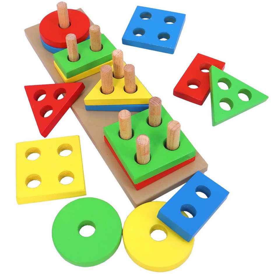 Toyshine Wooden 4 Angle Geometric Blocks Building Stacker Shape Sorter Toy Set (16 pieces)