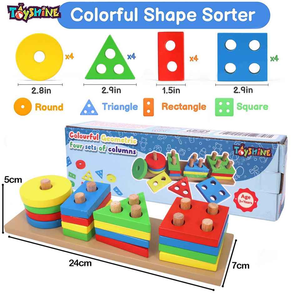 Toyshine Wooden 4 Angle Geometric Blocks Building Stacker Shape Sorter Toy Set (16 pieces)