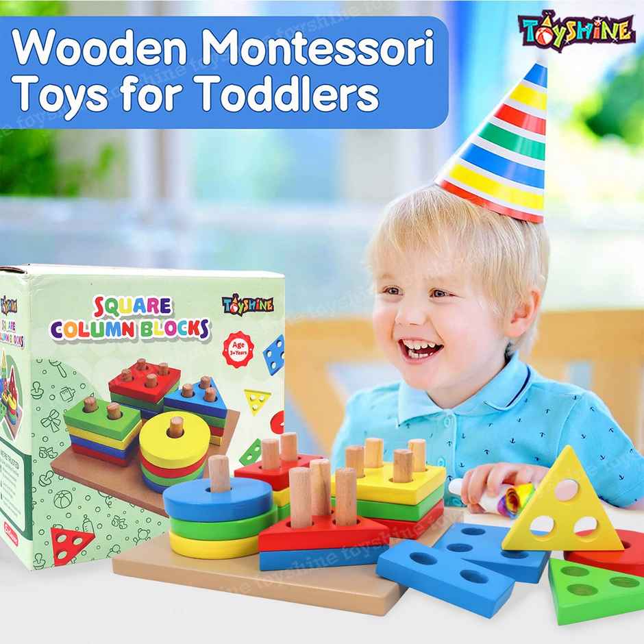 Toyshine Wooden Shapes Square Column Blocks Sorting & Stacking Toys For Kids Toddlers
