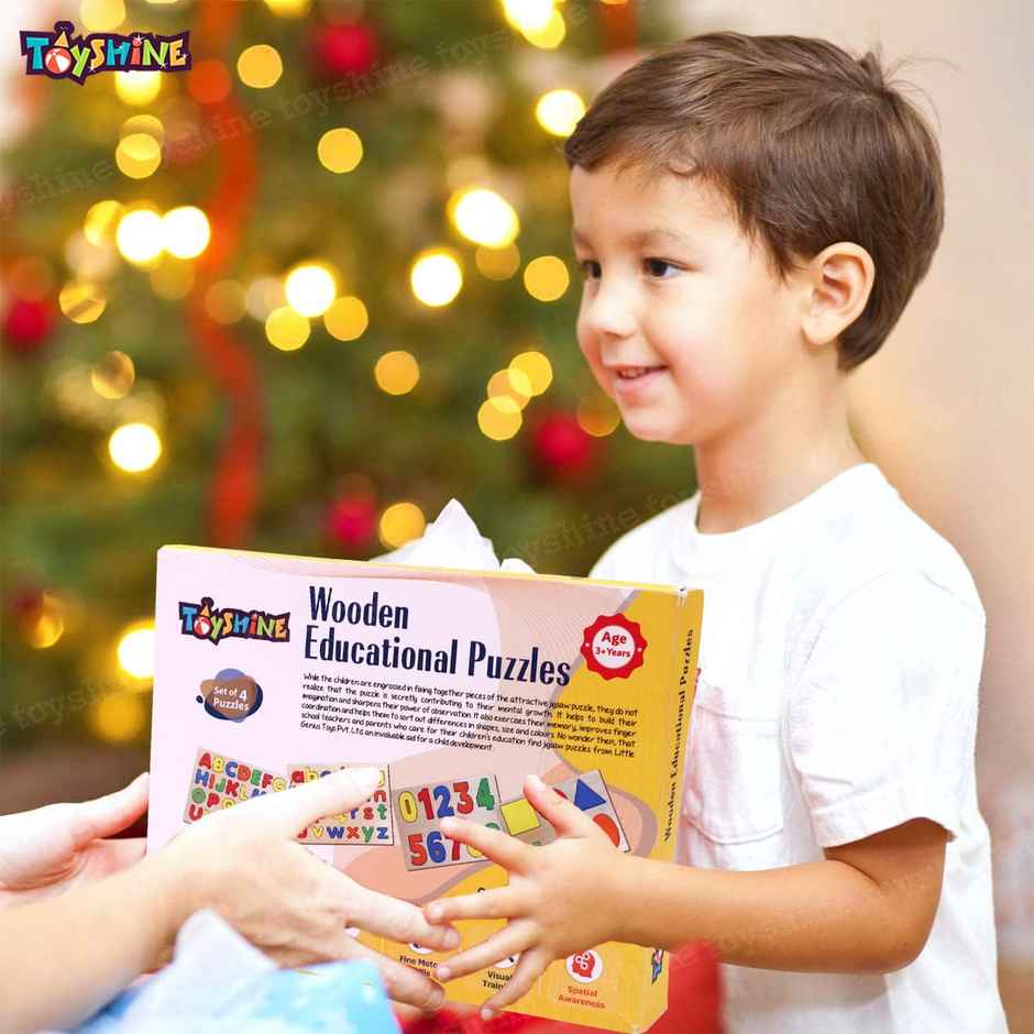 Toyshine Pack of 4 Wooden Puzzles for Toddlers | ABC, 123, Shapes