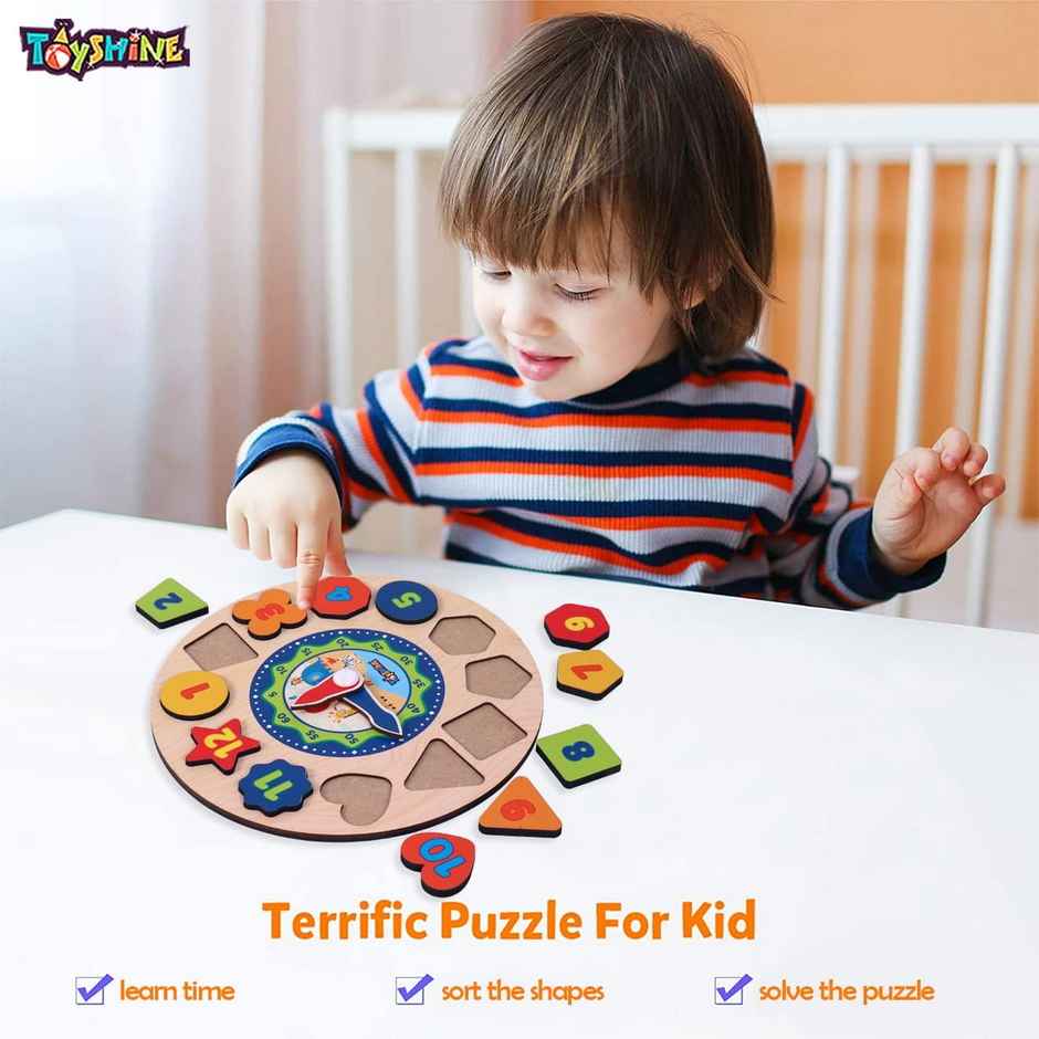 Toyshine Wooden Learning Clock - Educational Montessori Toy With Shapes & Colors