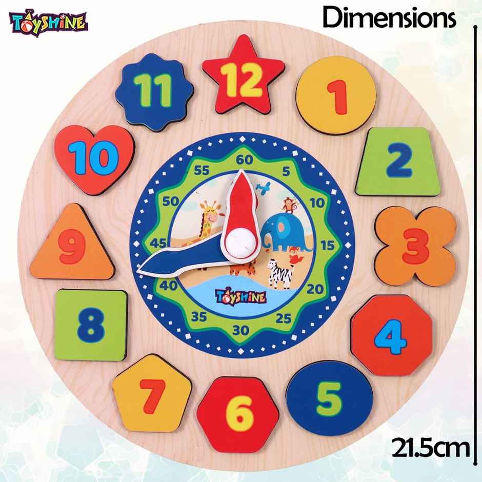 Toyshine Wooden Learning Clock - Educational Montessori Toy With Shapes & Colors