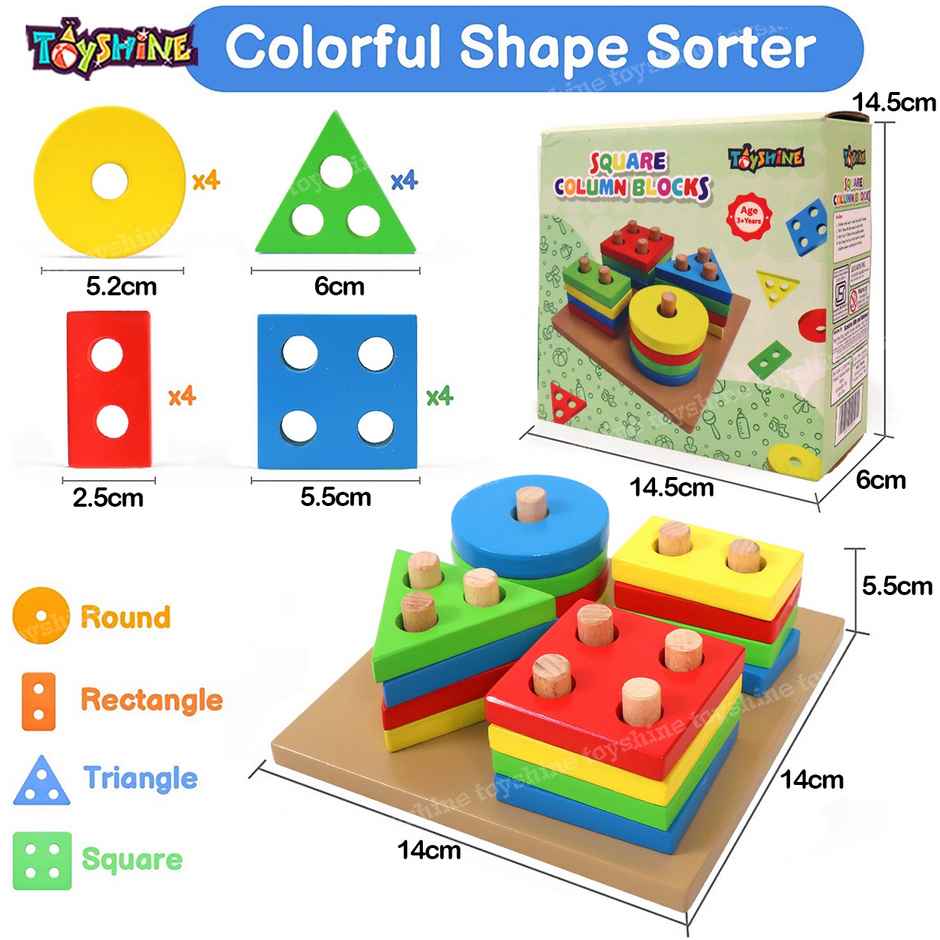 Toyshine Wooden Shapes Square Column Blocks Sorting & Stacking Toys For Kids Toddlers