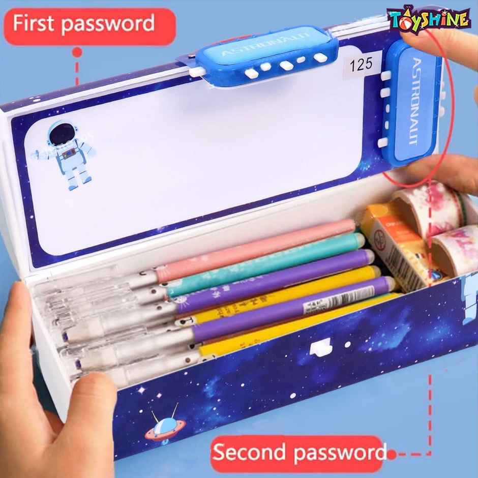 Toyshine Pencil Box with Code Lock Pen Case | Large Capacity | Multi-layer | Space Blue