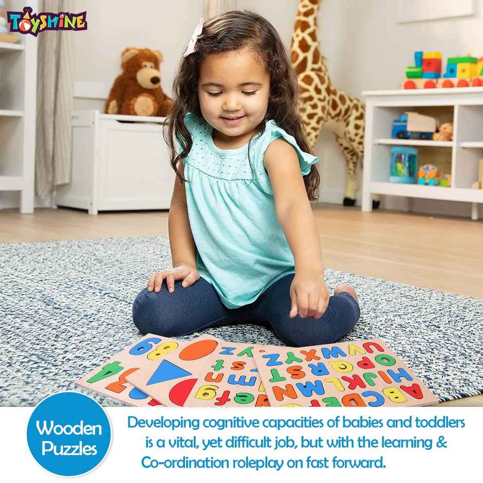 Toyshine Pack of 4 Wooden Puzzles for Toddlers | ABC, 123, Shapes