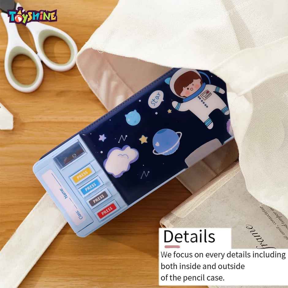 Toyshine Multi Compartment Button Operated Space Pencil Box with Pen Stand In-built For Kids - Blue