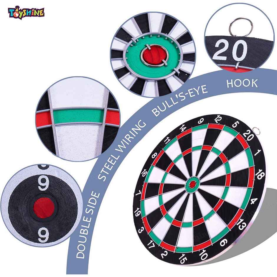 Toyshine Wooden Double-sided Dart Board Set | 12 Inch With 4 Steel Tip Needles