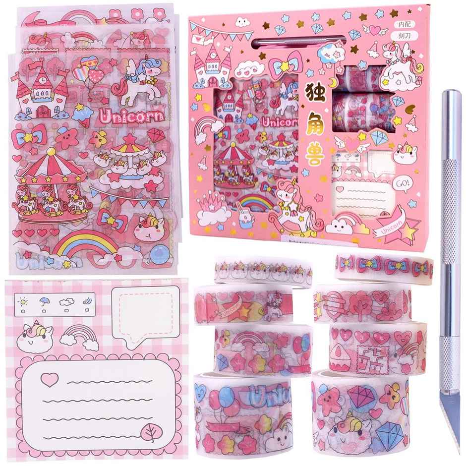 Toyshine Cute Unicorn Washi Tape Set | 8 Rolls-10 Stickers-1 Notepad-1 Cutting tool