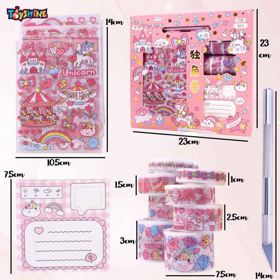 Toyshine Cute Unicorn Washi Tape Set | 8 Rolls-10 Stickers-1 Notepad-1 Cutting tool