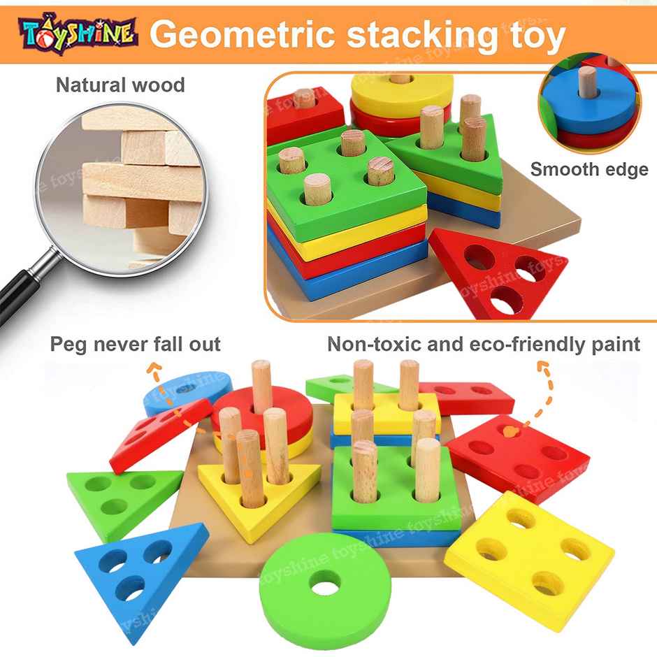 Toyshine Wooden Shapes Square Column Blocks Sorting & Stacking Toys For Kids Toddlers