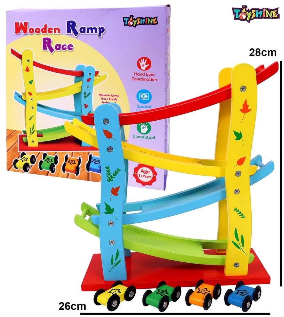 Toyshine Wooden 4 Car & 4 Level Ramps Toy Vehicle For Race (4 - 8 Years)