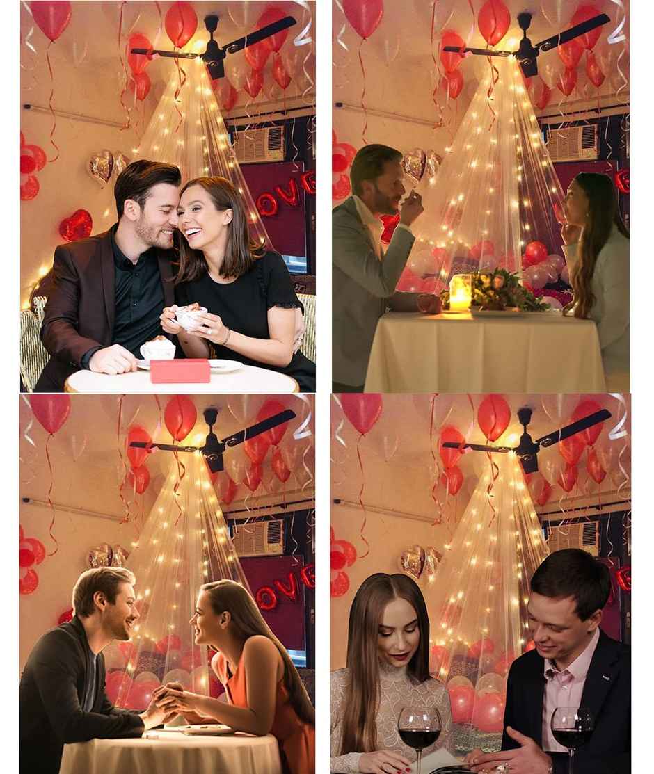 Festive/ Party Decoration Combo | 2 Pcs White Net Curtains, 2 Pcs Led Fairy Lights, 1 Pc Ribbon