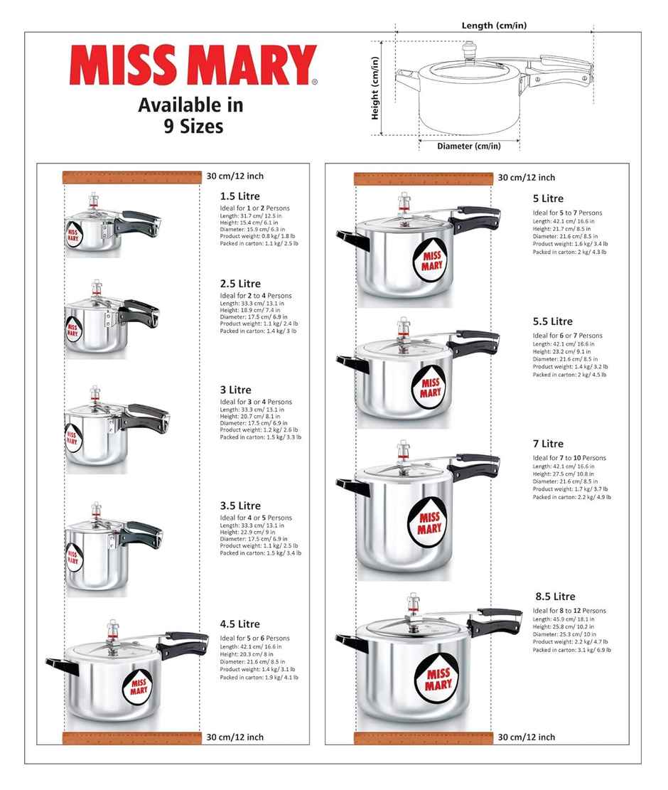 Hawkins 1.5 Litre Miss Mary Pressure Cooker, Small Inner Lid Cooker, Silver (Mm15)