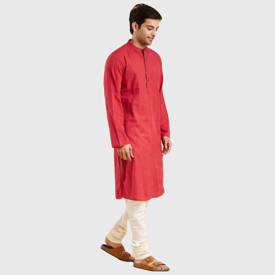 Fabindia Men's Long Kurta Slim Fit Dobby | Red - L