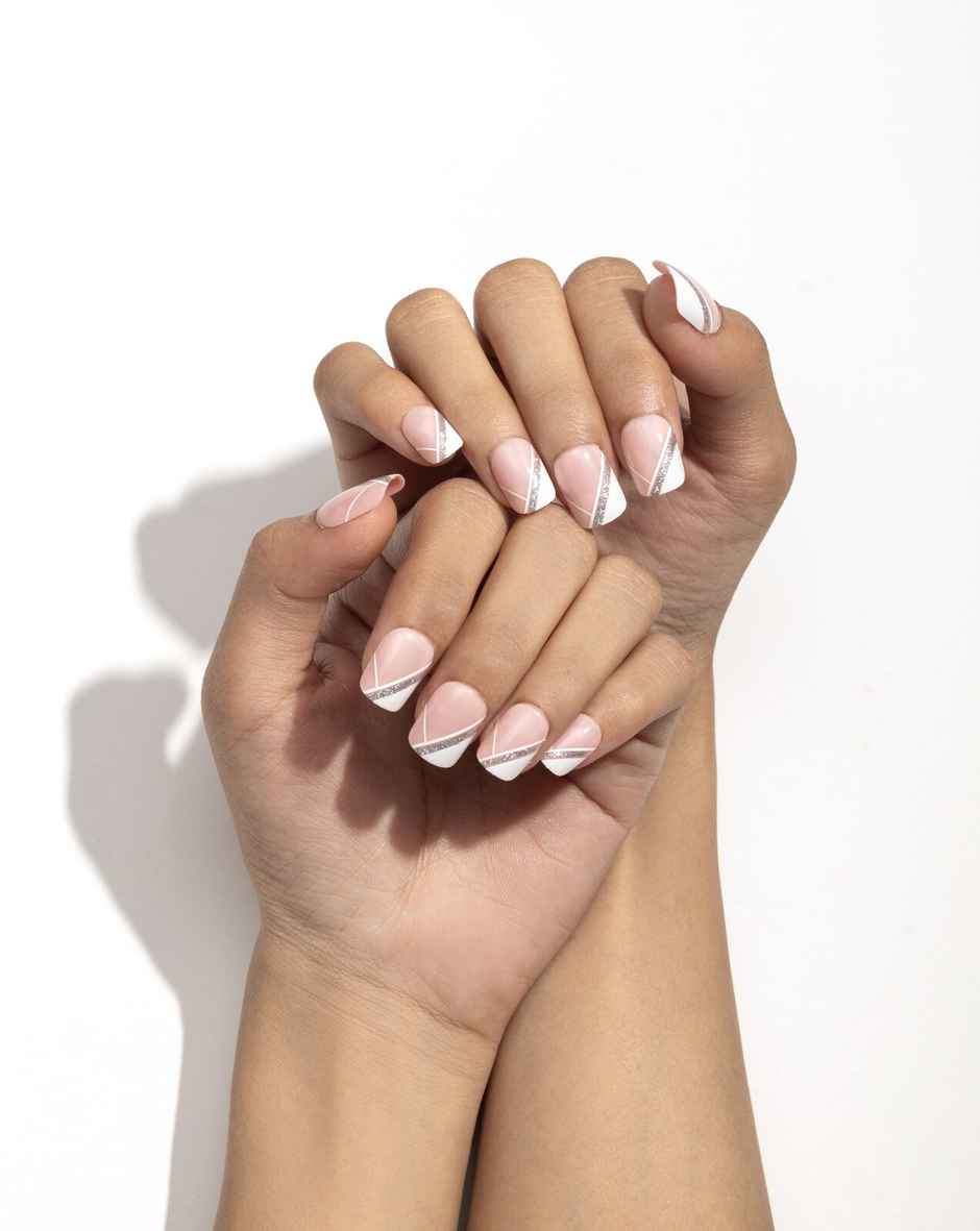 Pep Nails | Luxie Tips | Medium Square Nude French | Glossy Glitter Press On Nails | 24 Tips