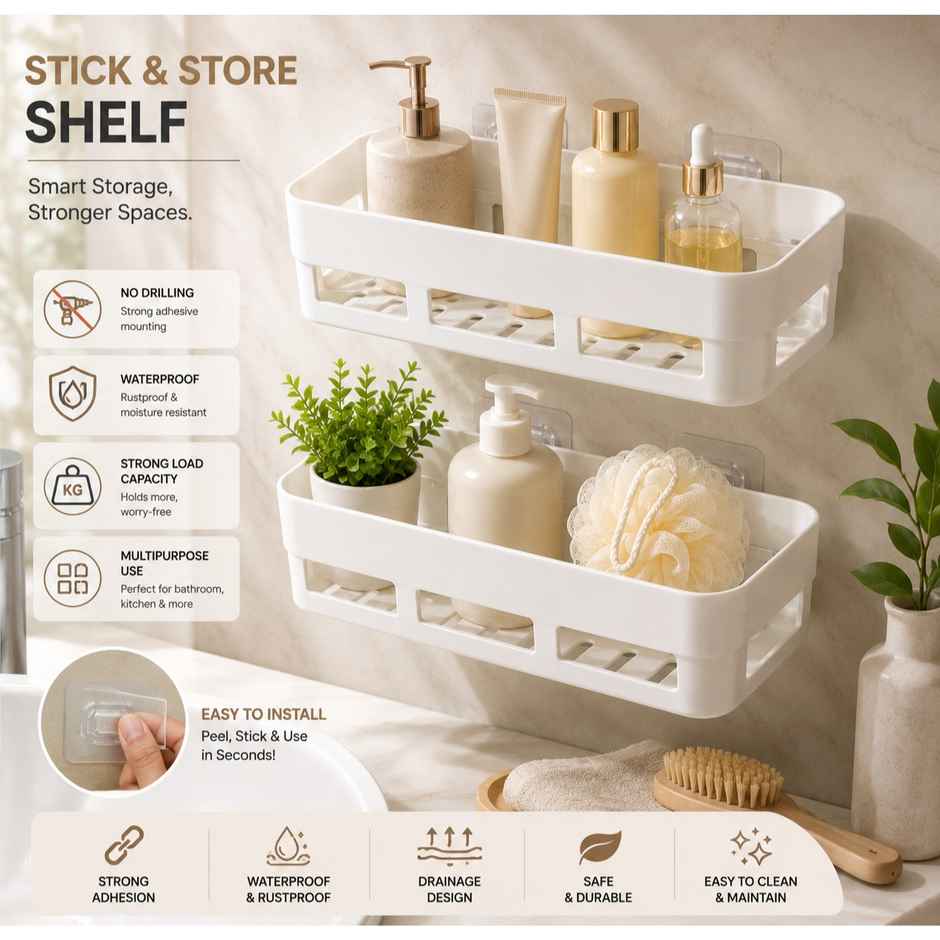 Perpetual Bathroom Organizer | Self Adhesive Shelf for Wall | Rack Without Drilling | 2 Pcs