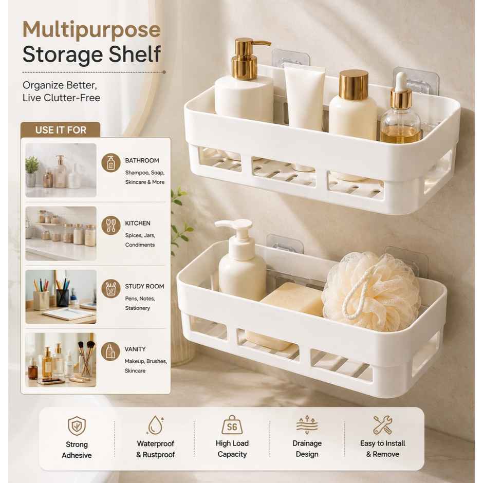 Perpetual Bathroom Organizer | Self Adhesive Shelf for Wall | Rack Without Drilling | 2 Pcs