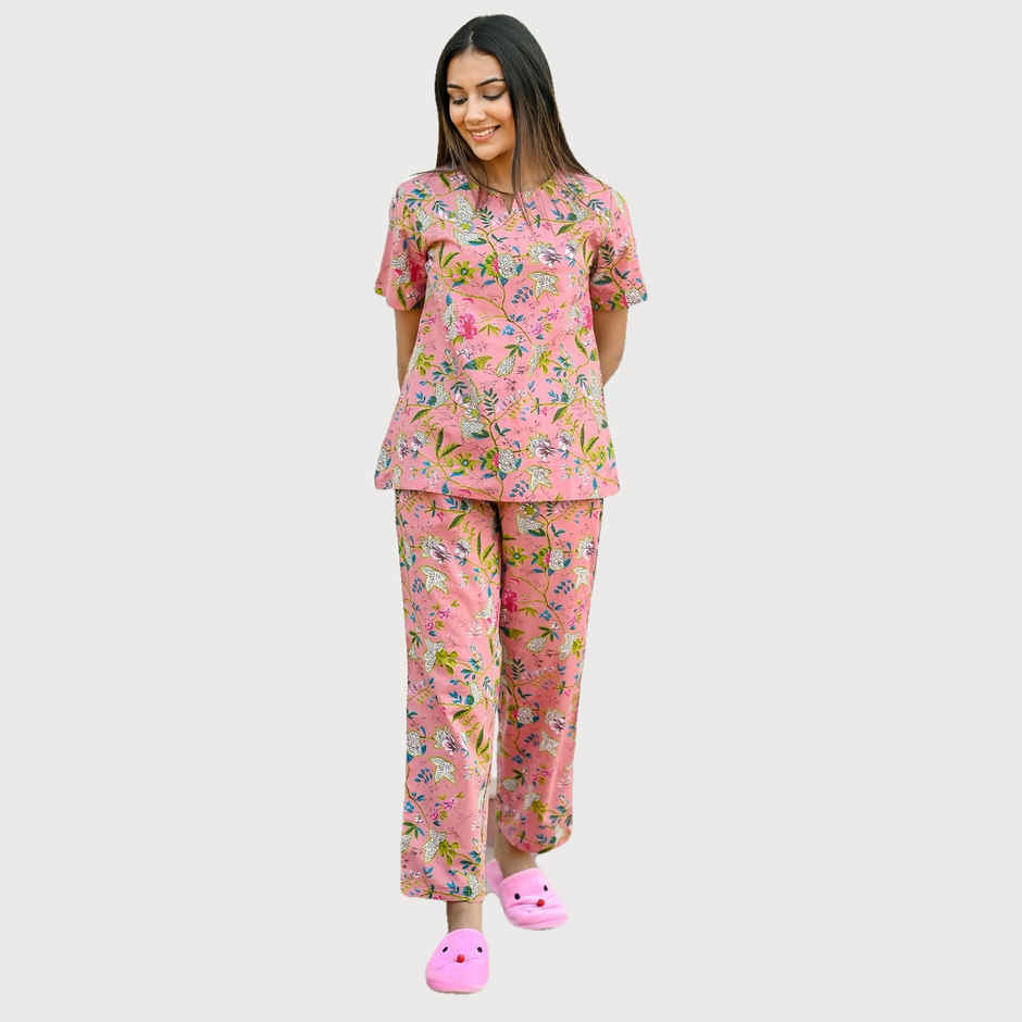 Sanskrutihomes Women Rose Pure Cotton Floral Print Pyjama | Set S
