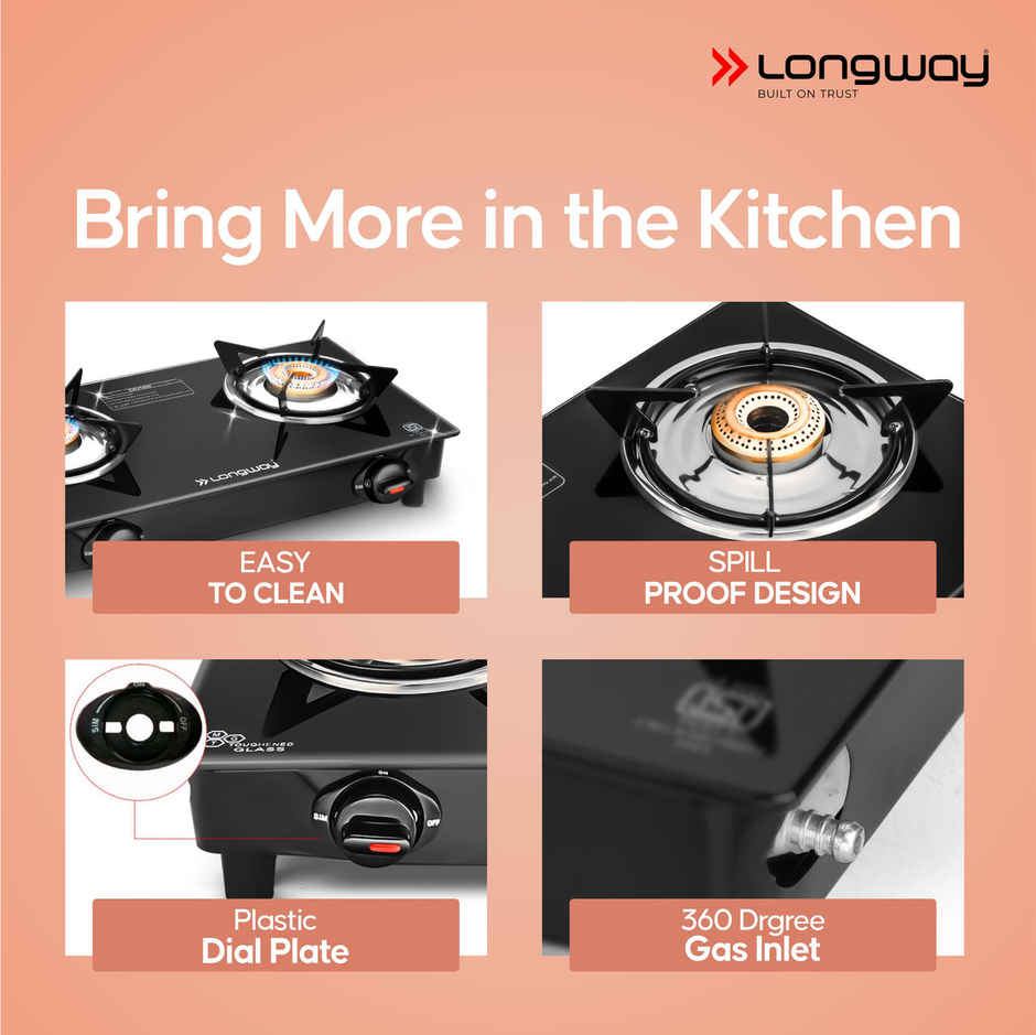 Longway Furn Glass Top, 2 Burner Manual Ignition Glass Gas Stove (Black)