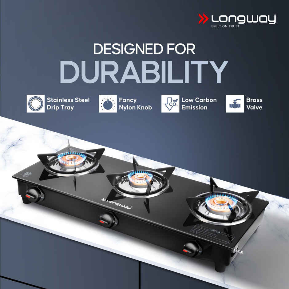 Longway 3 Burner Furn Glass Top | Manual Ignition Glass Gas Stove | ISI Certified