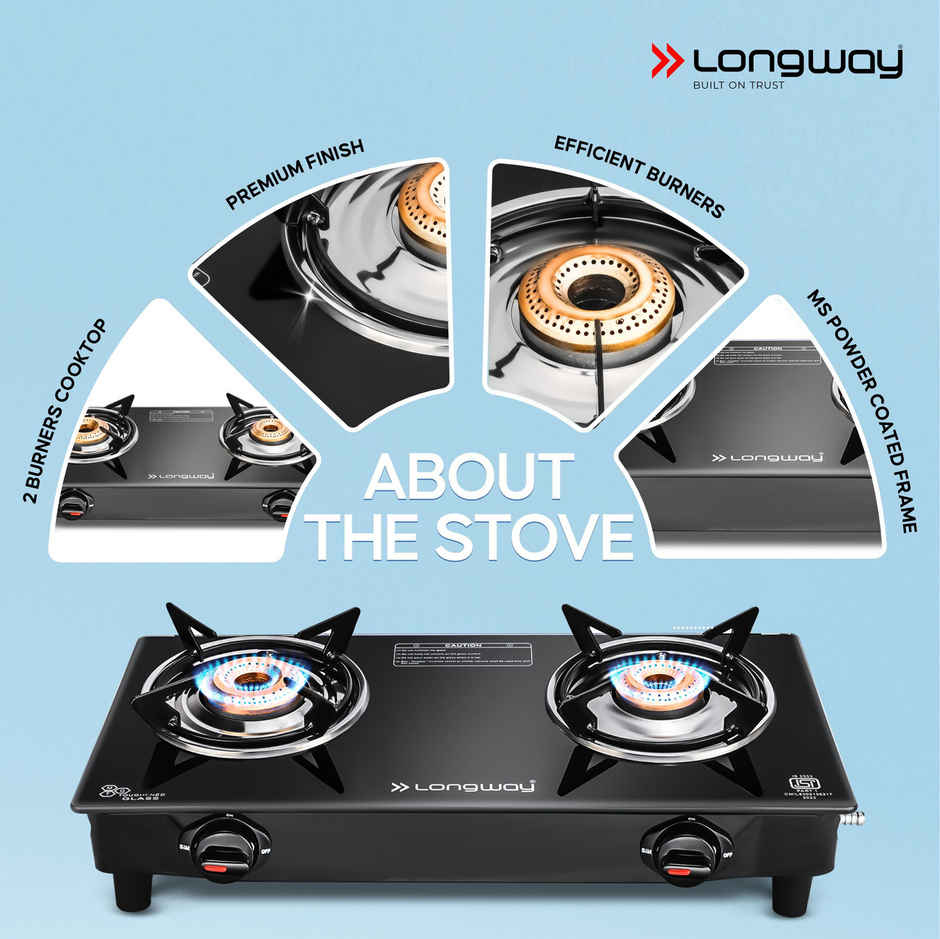 Longway 2 Burner Furn Glass Top | Auto Ignition Glass Gas Stove | ISI Certified | Black