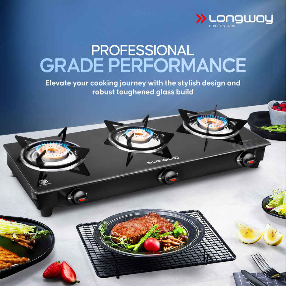 Longway 3 Burner Furn Glass Top | Auto Ignition Glass Gas Stove | ISI Certified | Black