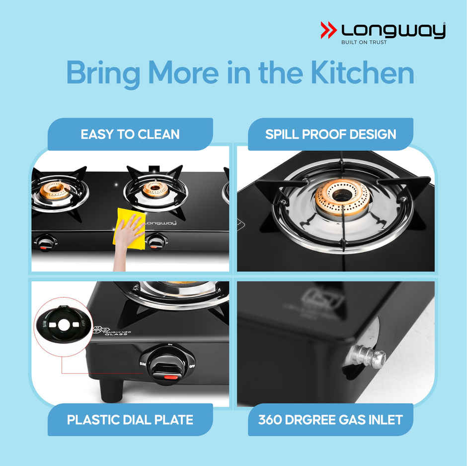 Longway 3 Burner Furn Glass Top | Auto Ignition Glass Gas Stove | ISI Certified | Black