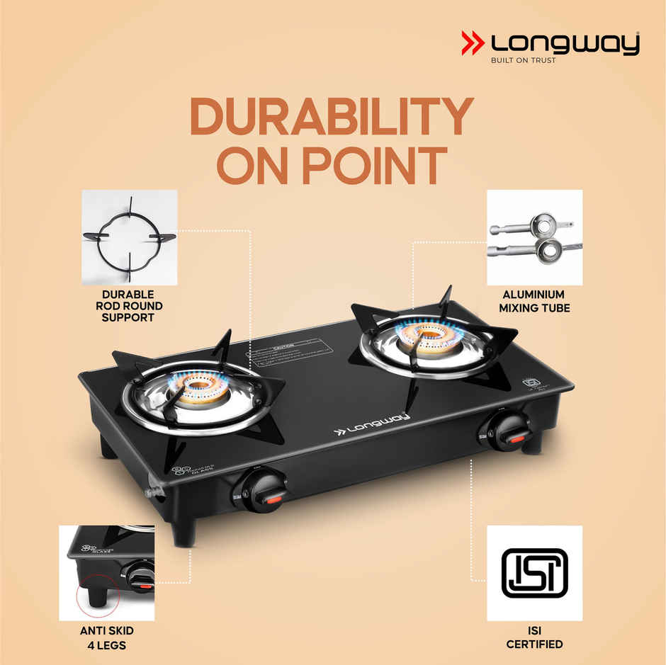 Longway 2 Burner Furn Glass Top | Auto Ignition Glass Gas Stove | ISI Certified | Black