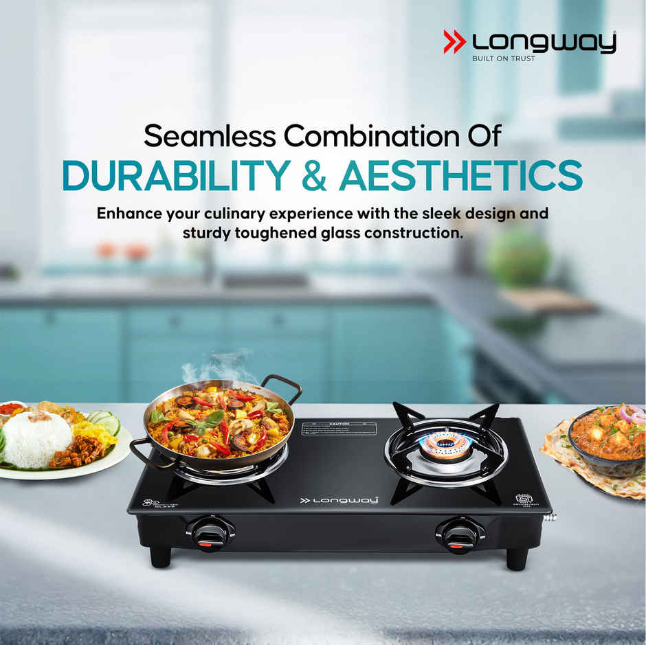 Longway Furn Glass Top, 2 Burner Manual Ignition Glass Gas Stove (Black)