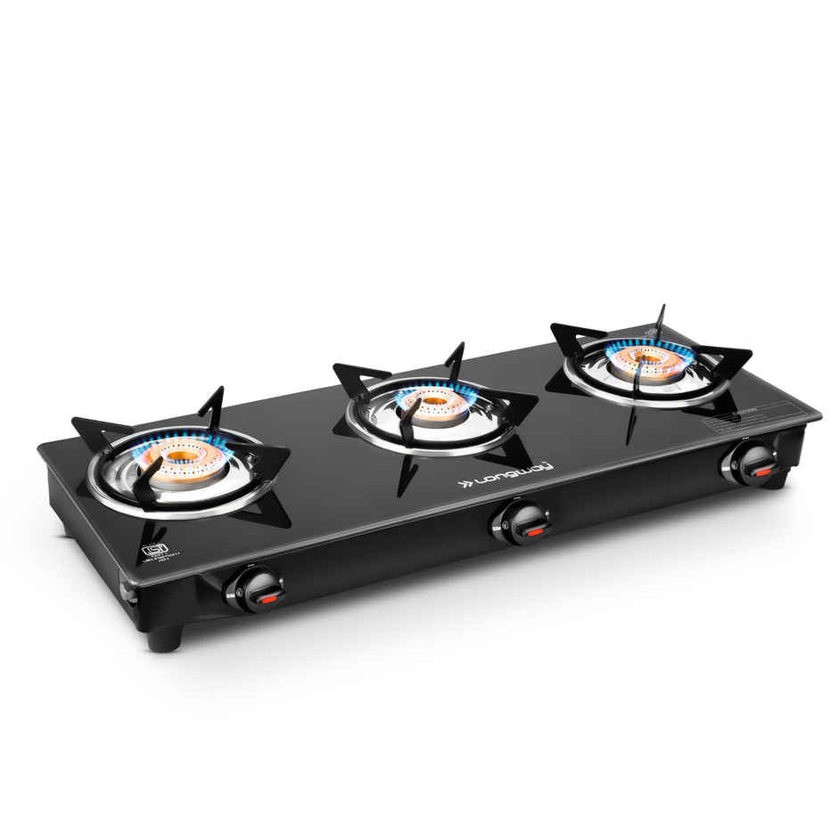 Longway 3 Burner Furn Glass Top | Manual Ignition Glass Gas Stove | ISI Certified