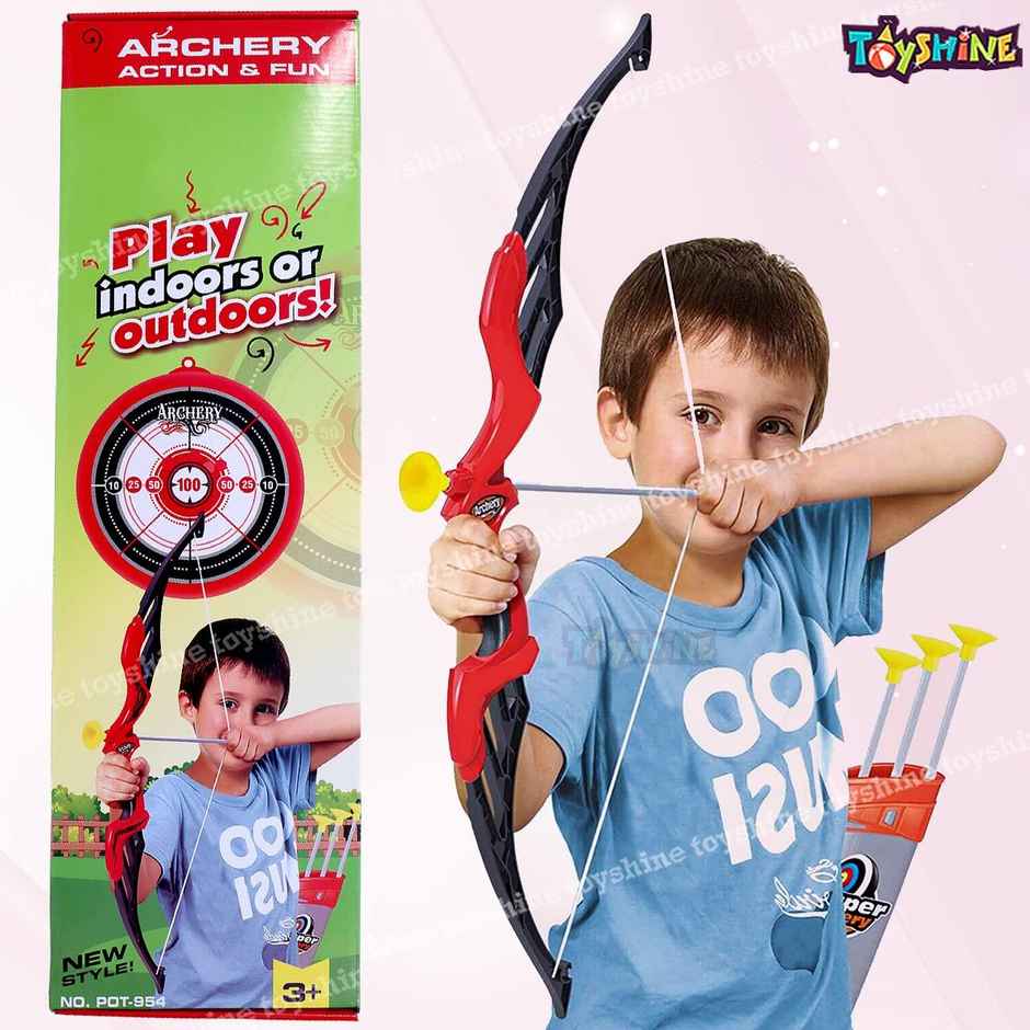 Toyshine Big Size Archer Bow & Arrow Play Set With Quiver 3 Suction Arrows & Target | Red | 3+ years