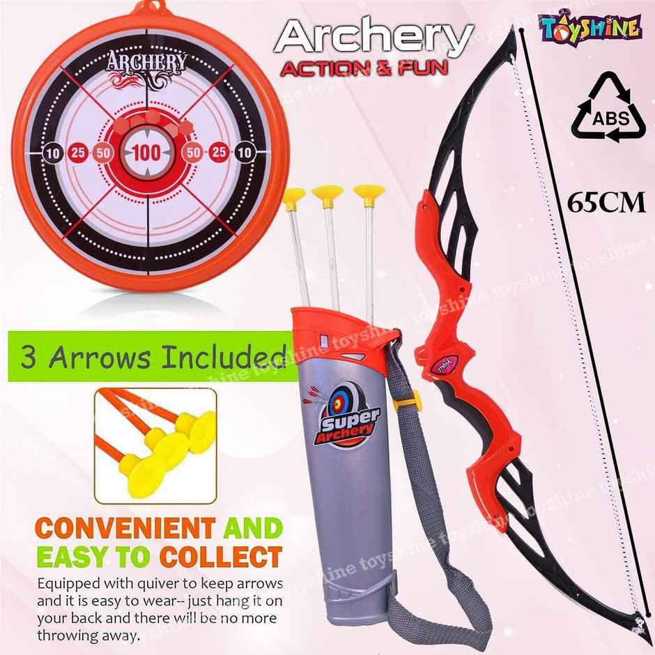 Toyshine Big Size Archer Bow & Arrow Play Set With Quiver 3 Suction Arrows & Target | Red | 3+ years