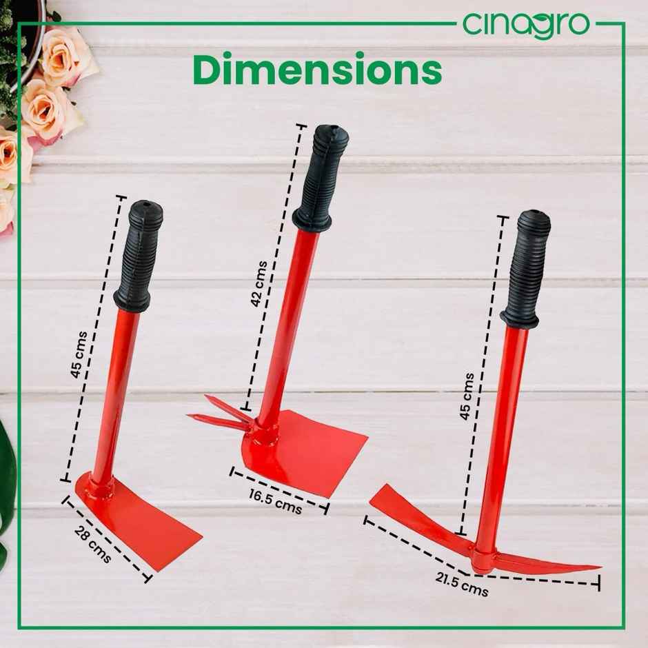 Cinagro Garden Tools - 3 Pcs | Hoe | Tiller and Hand Hoe with 2 Prongs