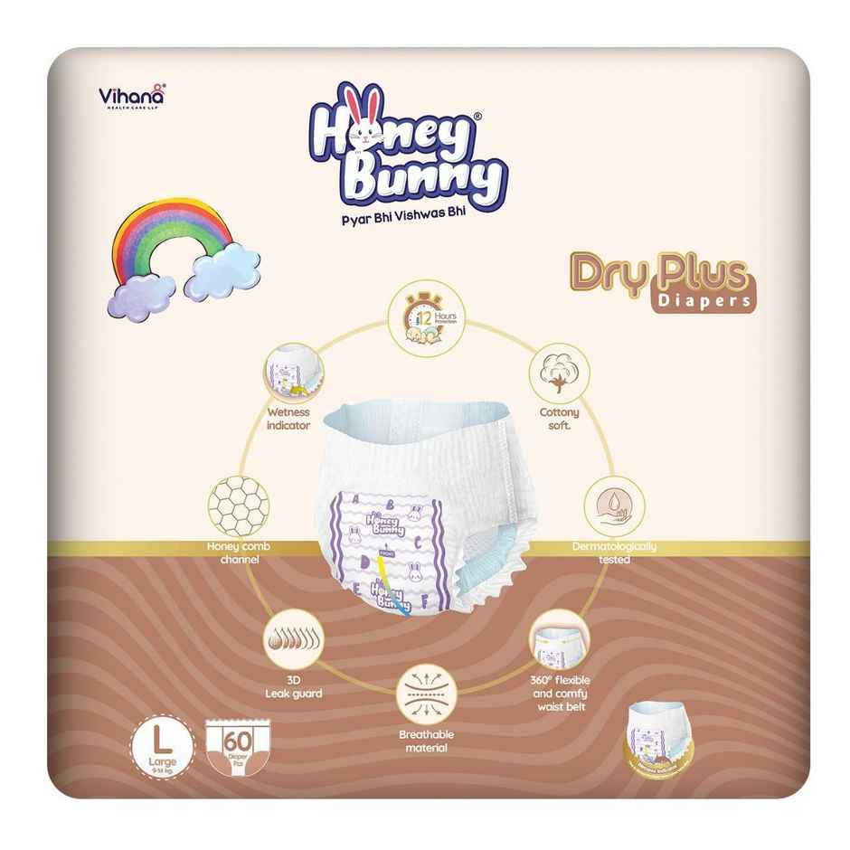 Honey Bunny Super Soft Dry Plus 12 Hour Protection Pant Style Diaper | L | 60 pcs