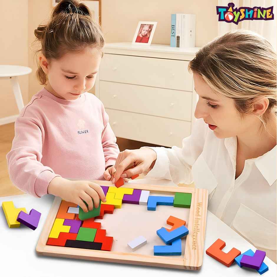 Toyshine 18cm Wooden Tetris Tangram Puzzle Board Colorful Geometric Shape Blocks Game Jigsaw
