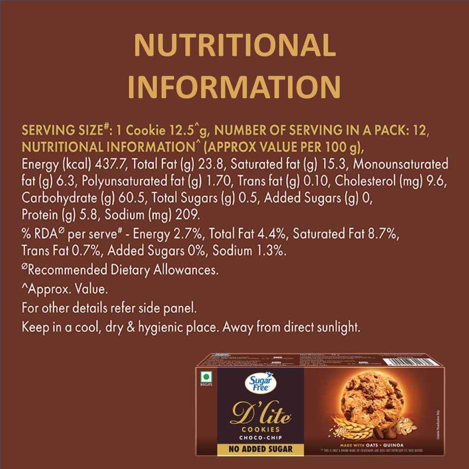 Sugar Free D'lite Choco Chip Cookies | Zero Added Sugar | Made With Oats & Quinoa